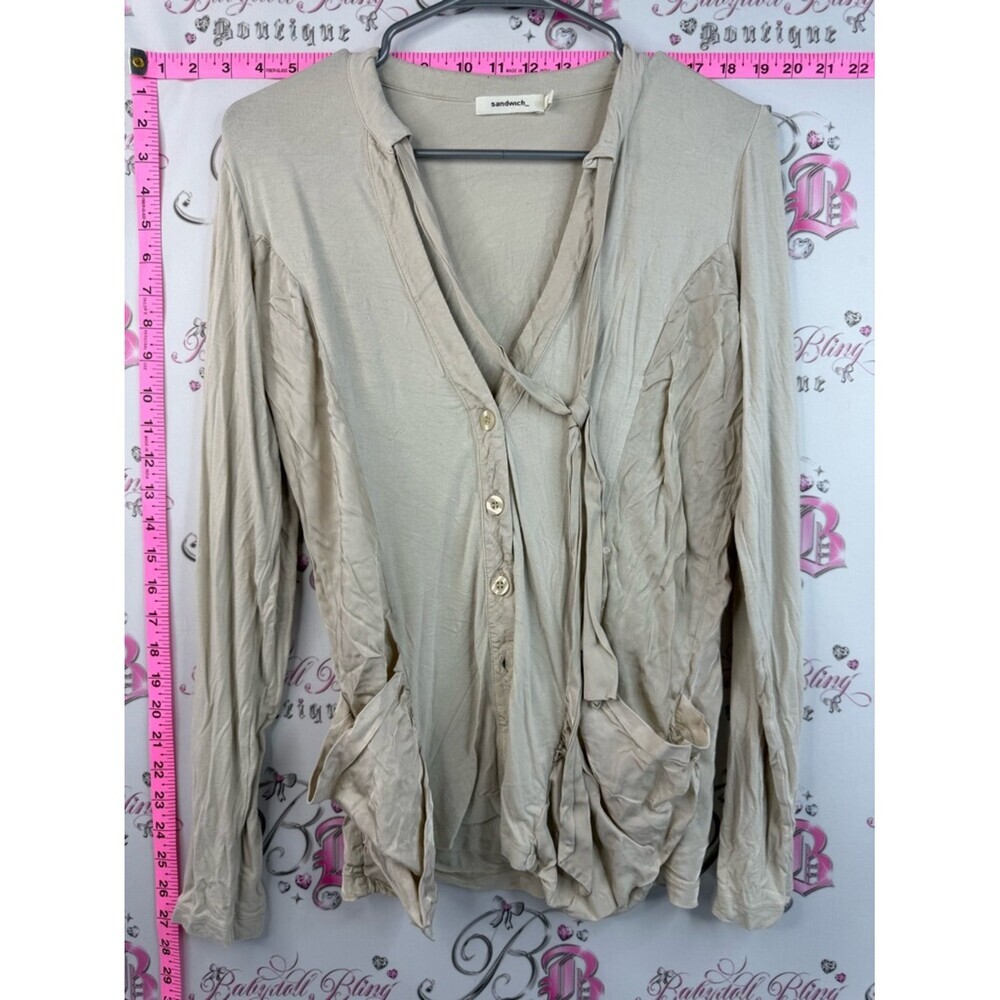 Sandwich cardigan tie up cream Beige Button-Front Tie-Neck Women's Shirt
